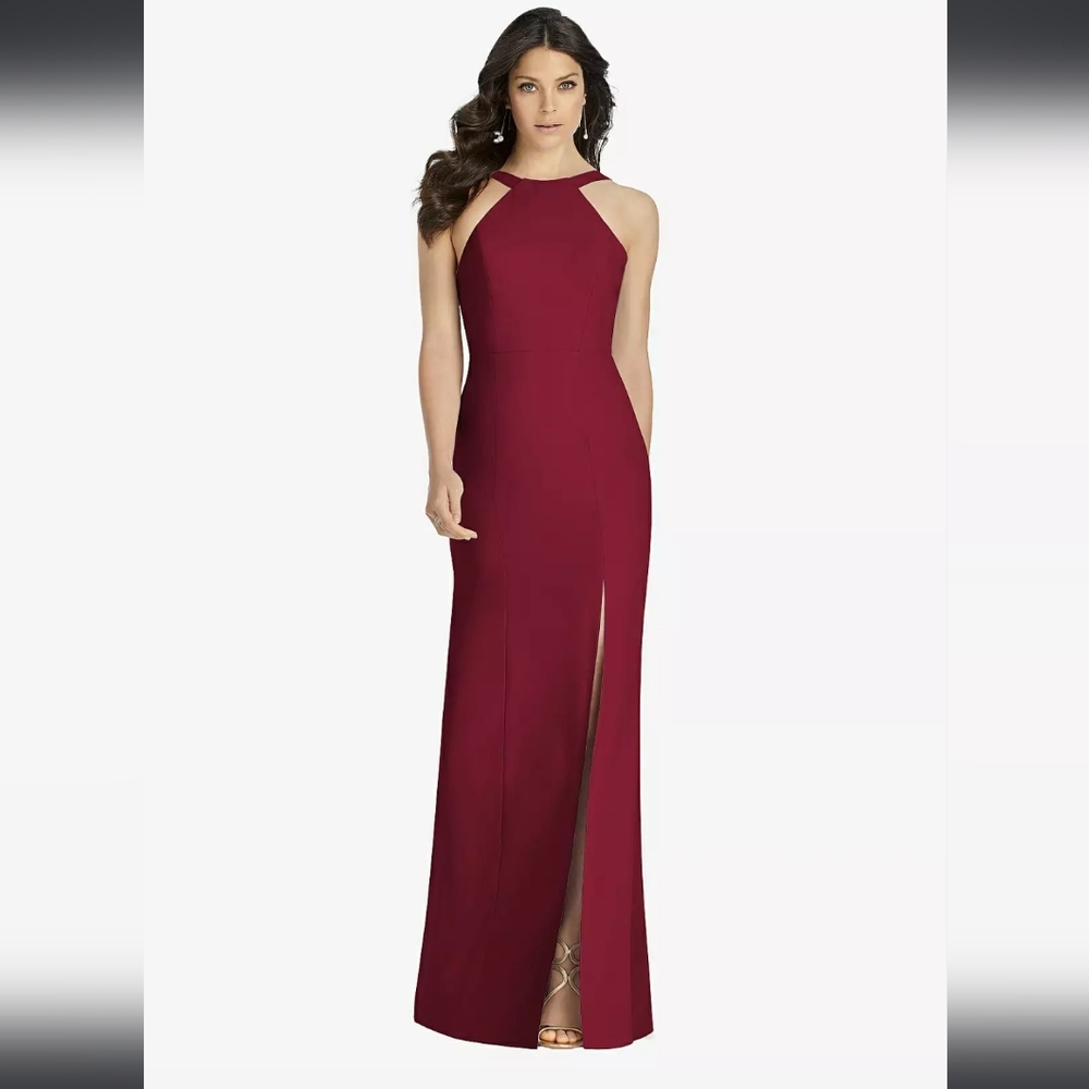 Dessy Collection High-Neck Backless Crepe Trumpet Gown In Burgundy Style…